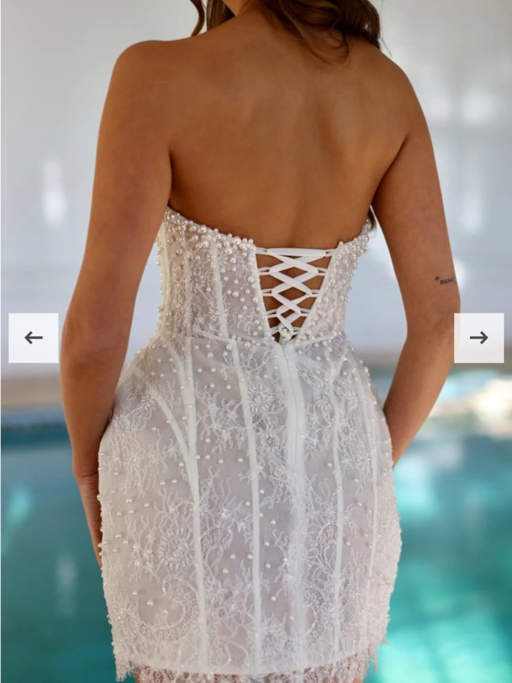 Strapless Pearl & Lace Mini Dress - White - Picture 4 of 6
